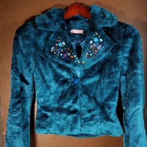 Turquoise Faux Fur Cropped Jacket